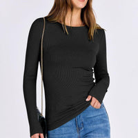 VRCOMFY Women's Black Ribbed Fitted Long - Sleeve Top with Chain Bag