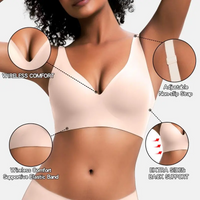 VRCÔMFY nude wirefree bra technical details showing adjustable non-slip straps, supportive elastic band, and enhanced side-back support | Engineering schematic of wireless comfort for full-figure support