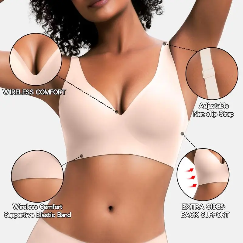 VRCÔMFY nude wirefree bra technical details showing adjustable non-slip straps, supportive elastic band, and enhanced side-back support | Engineering schematic of wireless comfort for full-figure support