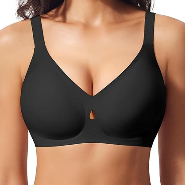 VRCOMFY Women's Black Wireless Bra with Plunge Neck, Keyhole Detail & All - Day Comfort Support