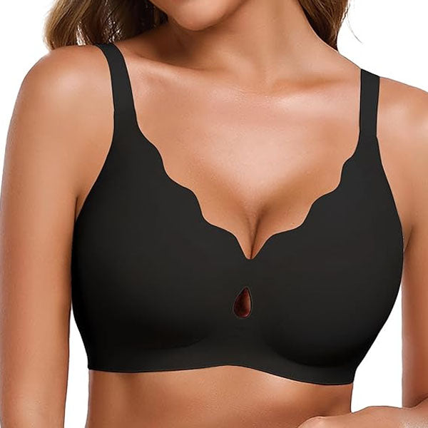 VRCOMFY Women's Black Wireless Bra with Scalloped Trim & Keyhole Accent for All - Day Comfort