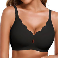 VRCÔMFY black wireless bra with scalloped neckline and artisanal cutout detail | Contoured minimalist design offering breathable elegance and all-day second-skin embrace