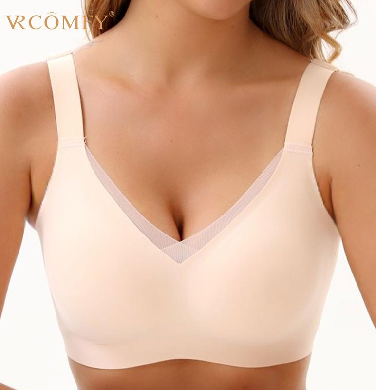 VRCOMFY Women's Beige Wireless Bra with Mesh V - Neck & Adjustable Straps for All - Day Comfort