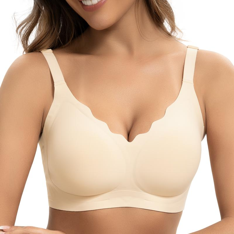 VRCOMFY Women's Nude Wireless Bra with Scalloped Plunge Neck & Seamless Comfort Support