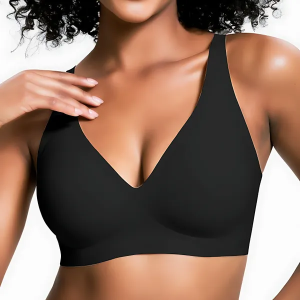 VRCÔMFY black deep V plunge wireless bra with seamless second-skin embrace | Sculpted support and sleek comfort in minimalist wirefree design