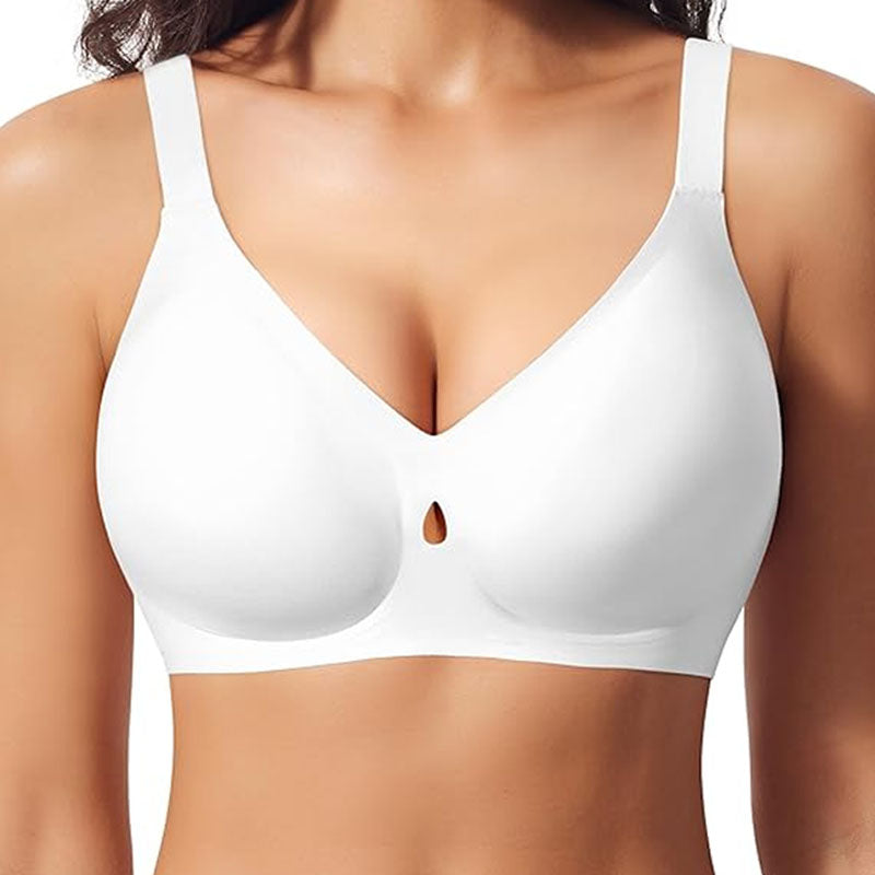 VRCÔMFY white deep V plunge wireless bra with keyhole architectural detail | Modern minimalist design offering second-skin embrace and confident elegance