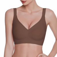 Brown bra worn by a model on a white background