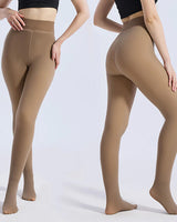 A side-by-side view of a model wearing high-waisted, seamless tights in a warm tan shade, showing both the front three-quarter view and the back view against a light gray studio background.