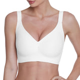 White bra worn by a model on a white background