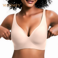VRCOMFY Nude V-Neck Wireless Bra - Model Adjusting Fit - Comfort Bralette For Everyday Wear