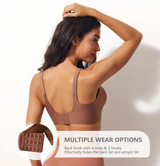 Woman wearing a brown sports bra with text about multiple wear options on a neutral background