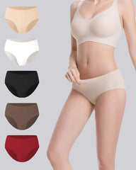A model wearing a light beige seamless bra and matching high-waisted briefs, shown next to a vertical list of five color options for the briefs: beige, white, black, brown, and red, all on a solid light gray background.