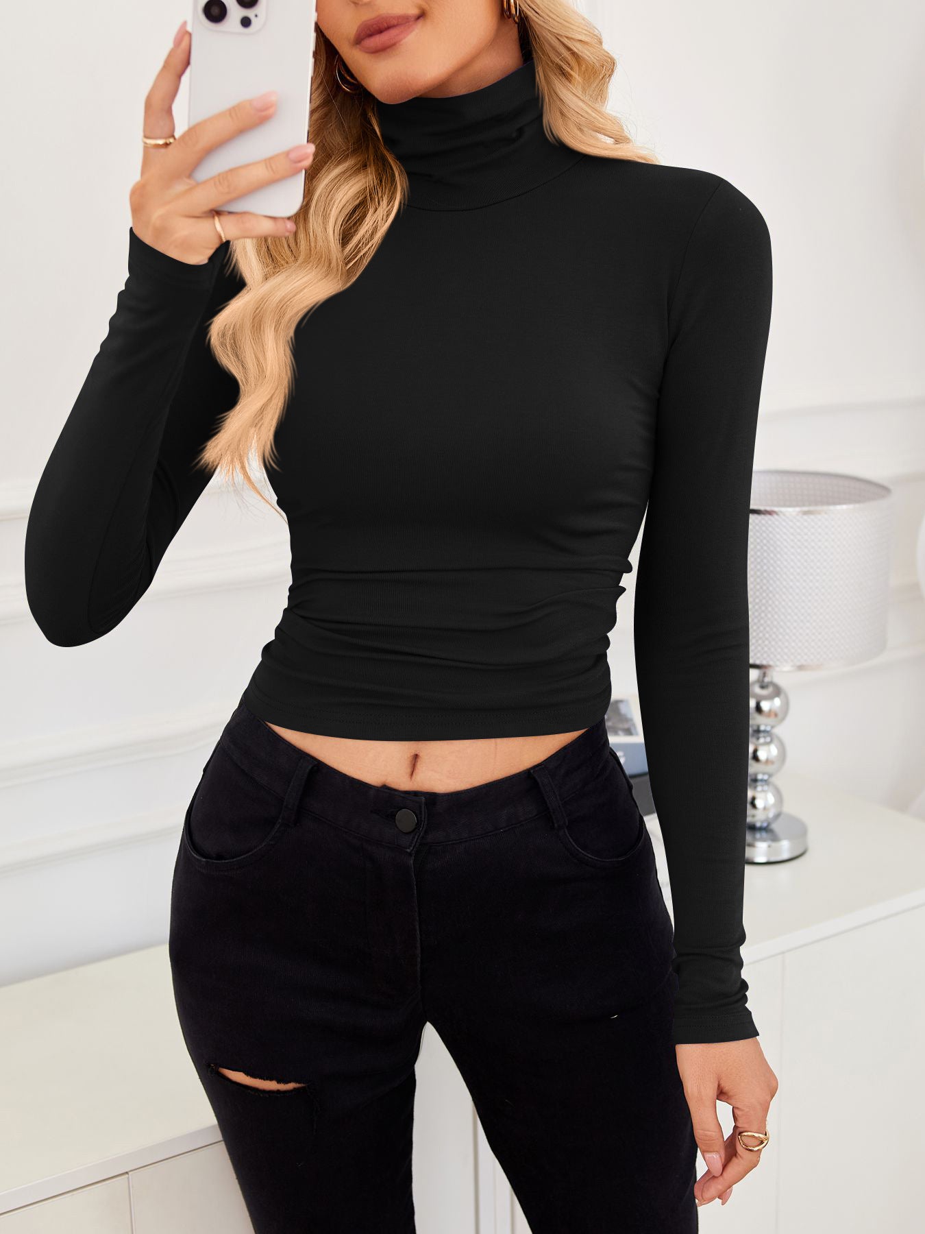 VRCÔMFY head-to-toe black ensemble with cropped turtleneck top and precision-tailored trousers | Razor-sharp minimalism and disciplined refinement for powerful urban styling