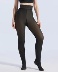 A model wearing high-waisted sheer black tights against a light gray studio background.
