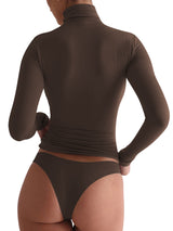 VRCÔMFY rich mocha brown turtleneck long sleeve top in body-hugging fit | Back view showcasing seamless construction and sophisticated minimalist design