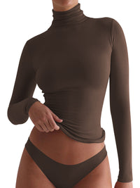 VRCÔMFY hazel brown turtleneck long sleeve top with sculpted silhouette | Precision-knit construction and minimalist elegance for versatile layering