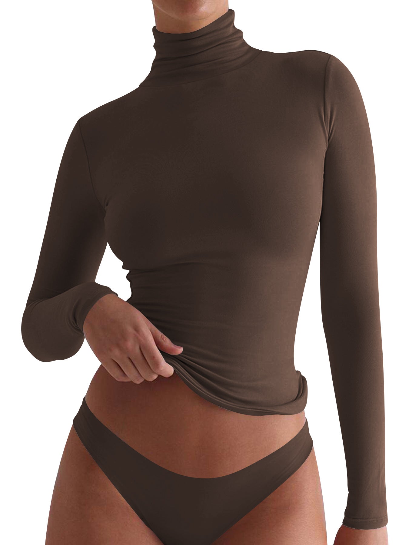 VRCÔMFY hazel brown turtleneck long sleeve top with sculpted silhouette | Precision-knit construction and minimalist elegance for versatile layering
