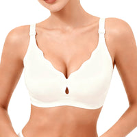White bra worn by a model on a white background