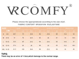 RCOMFY size chart and fabric composition - 95% Rayon 5% Elastane blend with detailed measurements for S/M/L/XL/XXL sizes including bust, length, sleeve and shoulder dimensions in inches and centimeters | Precision garment specifications with 1-3cm margin of error for informed shopping