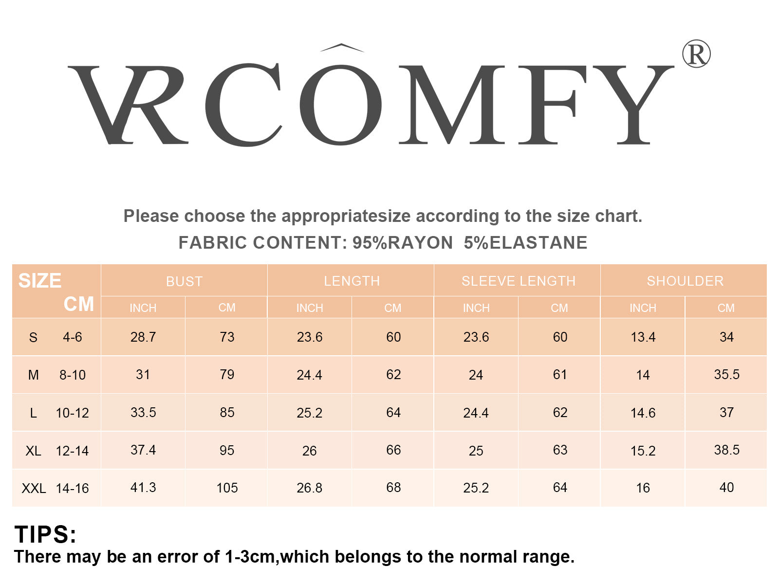 RCOMFY size chart and fabric composition - 95% Rayon 5% Elastane blend with detailed measurements for S/M/L/XL/XXL sizes including bust, length, sleeve and shoulder dimensions in inches and centimeters | Precision garment specifications with 1-3cm margin of error for informed shopping