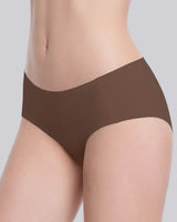 A close-up of a model's lower torso wearing solid brown high-waisted briefs against a light gray background.