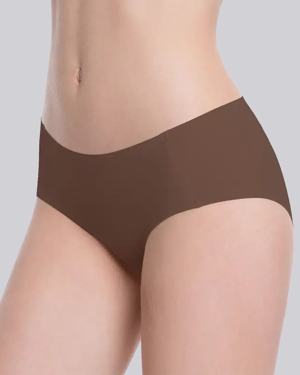 A close-up of a model's lower torso wearing solid brown high-waisted briefs against a light gray background.