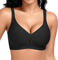 Black bra worn by a model on a white background