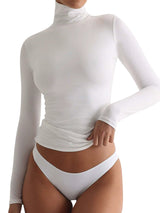 VRCÔMFY white turtleneck fitted top in cloud-soft fabric with sculpted silhouette | Versatile layering essential and standalone piece for minimalist wardrobe elegance