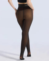 A model from the back wearing sheer black tights, shown against a light gray studio background.