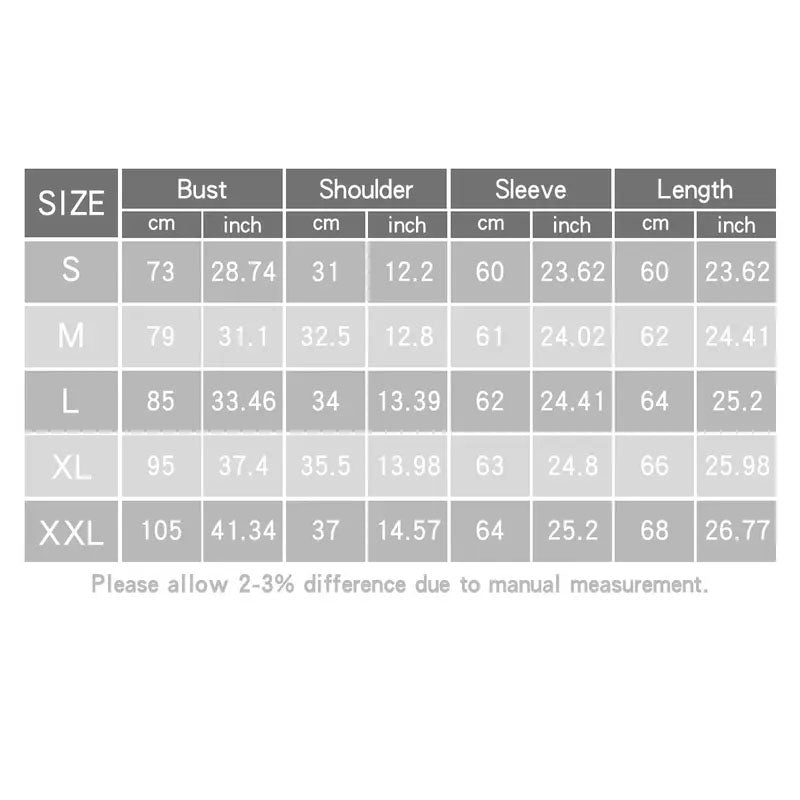 VRCOMFY Women's Ribbed Fitted Long Sleeve Top Size Chart (Bust, Shoulder, Sleeve, Length in cm & inch, S-XXL, 2-3% manual measurement tolerance)
