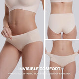 A three-panel collage showing a model from the waist to hips wearing seamless underwear in a light nude/beige color. The left panel shows the front, the right panel top shows the back, and the right panel bottom shows the front being stretched to demonstrate elasticity.