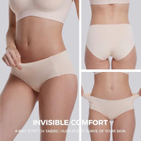A three-panel collage showing a model from the waist to hips wearing seamless underwear in a light nude/beige color. The left panel shows the front, the right panel top shows the back, and the right panel bottom shows the front being stretched to demonstrate elasticity.