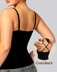A woman shown from the back wearing a black camisole-style tank top with thin adjustable straps and a crossover back detail, plus an inset close-up of the back straps and the text 'Cross Back' on a light gray background.
