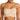 Beige strapless top worn by a model on a white background