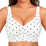 White sports bra with black polka dots worn by a person on a white background
