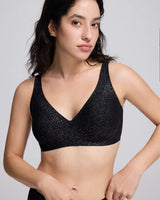 VRCOMFY Galaxy midnight bra with glittery pattern worn by a model on a white background