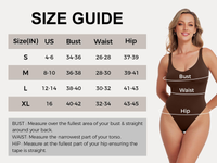 Size guide for a swimsuit with measurements and a model wearing the product.