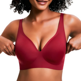 VRCOMFY Burgundy V-Neck Wireless Bra - Model Adjusting Fit - Comfort Bralette For Everyday Wear
