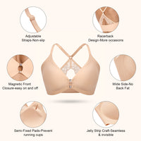 Seamless wireless bra with magnetic front closure, adjustable straps, racerback lace design, wide side coverage, semi-fixed cups, and JellyLift™ support technology.