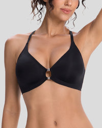 VRCÔMFY black wireless bra with deep V neckline, front closure, soft padded cups, and a seamless design for natural everyday support