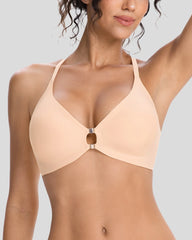 VRCÔMFY nude wireless bra with deep V neckline, front closure, soft padded cups, and seamless support for a natural everyday fit