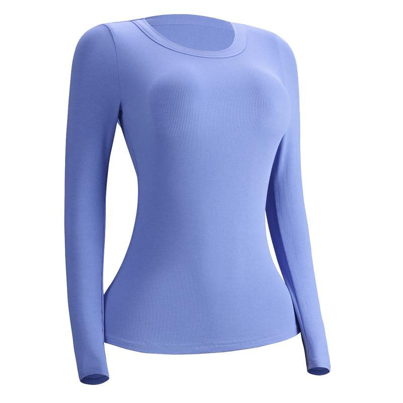VRCOMFY Women's Light Blue Ribbed Fitted Long Sleeve Top