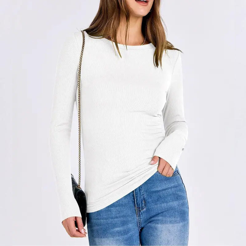 VRCOMFY Women's White Ribbed Stretchy Basic Long Sleeve Top with Chain Bag