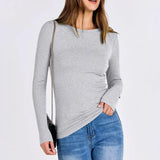 VRCOMFY Women's Heather Gray Ribbed Crew Neck Long Sleeve Top with Chain Bag