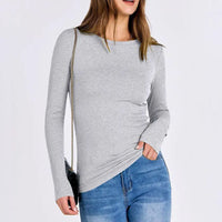 VRCOMFY Women's Heather Gray Ribbed Crew Neck Long Sleeve Top with Chain Bag