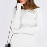 VRCOMFY Women's White Ribbed Form - Fitting Long Sleeve Top with Chain Bag