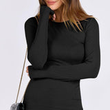VRCOMFY Women's Black Ribbed Crew Neck Long Sleeve Top with Chain Bag