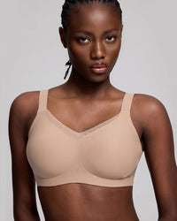 VRCÔMFY gray uplift wireless bra with sheer mesh accents and adjustable straps | Engineered with targeted support panels for enhanced cleavage and sculpted shape