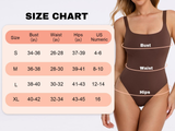 Size chart for a brown swimsuit with measurements and a model wearing the swimsuit.