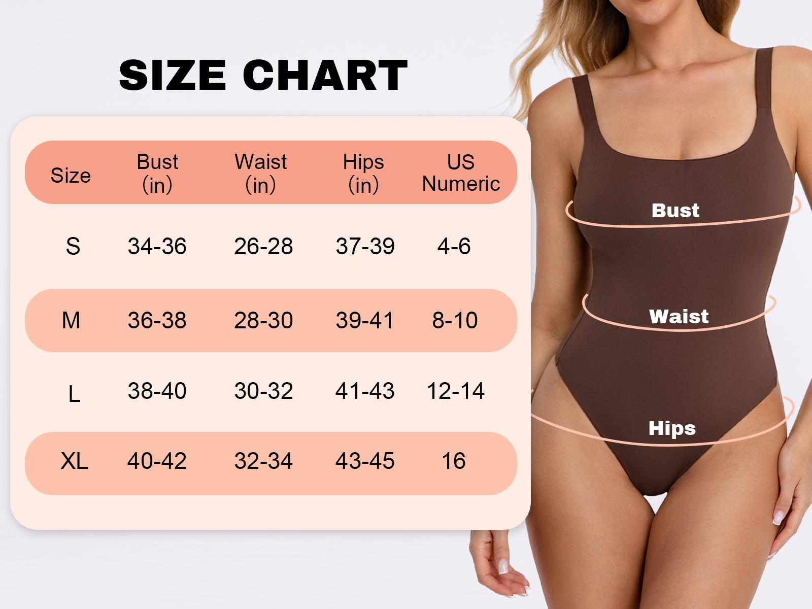 Size chart for a brown swimsuit with measurements and a model wearing the swimsuit.